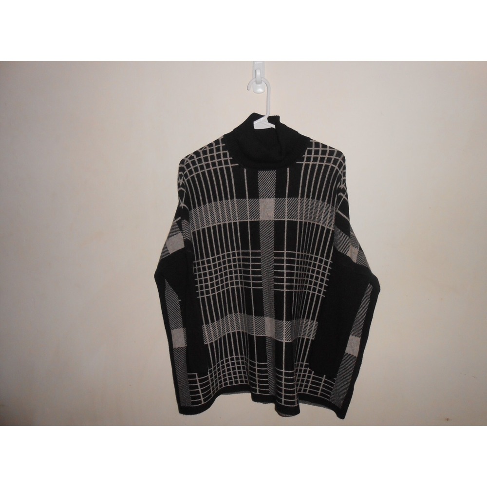 JOSEPH A. Womens Turtle Neck Poncho Plaid Dolman Sleeve Pullover Bl/Wht  Size L